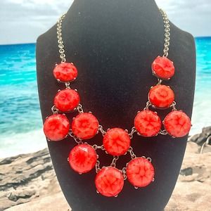 Vintage Faux Red Coral Hexagon Bib Statement 21" Necklace!